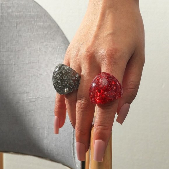 Black & Red Chunky Marble Resin Statement Rings - Picture 1 of 5